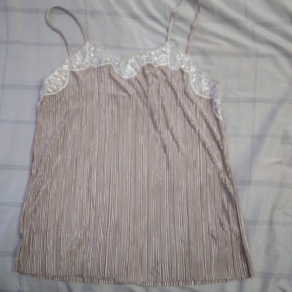 Beige-ish taupe rayonish-silk tank top with lace detailing. - Picture 1 of 6